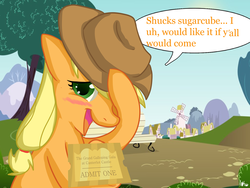 Size: 1600x1200 | Tagged: safe, artist:annakitsun3, part of a set, applejack, g4, blushing, bronybait, cute, dialogue, female, gala ticket, grand galloping gala, jackabetes, looking at you, open mouth, pov, solo, speech bubble