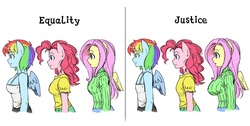 Size: 800x402 | Tagged: safe, artist:shepherd0821, fluttershy, pinkie pie, rainbow dash, anthro, g4, ambiguous facial structure, breast chart, breasts, busty fluttershy, busty pinkie pie, busty rainbow dash, clothes, drama, equality, female, justice, line-up, opinion, size comparison, sweater, sweatershy