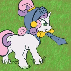 Size: 700x700 | Tagged: safe, artist:alchemicmaster, artist:animuse, sweetie belle, g4, fantasy class, female, helmet, knight, solo, sword, warrior