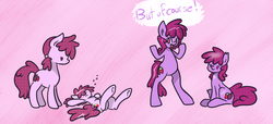 Size: 1053x481 | Tagged: artist needed, safe, berry punch, berryshine, earth pony, pony, g4, bipedal, drunk, female, hoof on belly