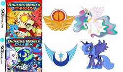 Size: 1164x687 | Tagged: safe, princess celestia, princess luna, agumon, alicorn, hawkmon, pony, salamon, veemon, g4, demidevimon, digimon, digimon world dawn and dusk, esrb, ethereal mane, female, mare, new lunar republic, nintendo ds, rp rating, s1 luna, simple background, solar empire, white background