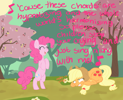 Size: 1280x1045 | Tagged: artist needed, safe, applejack, pinkie pie, earth pony, pony, friendship is witchcraft, gypsy bard, g4, the last roundup, cherry blossoms, day, flower, flower blossom, lyrics, singing, song