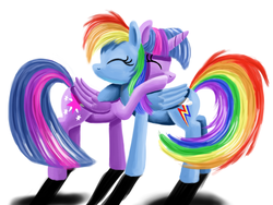 Size: 1600x1200 | Tagged: safe, artist:fahu, rainbow dash, twilight sparkle, alicorn, pony, g4, female, hug, lesbian, mare, ship:twidash, simple background, twilight sparkle (alicorn)