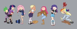 Size: 2117x800 | Tagged: safe, artist:carnifex, applejack, fluttershy, pinkie pie, rainbow dash, rarity, spike, twilight sparkle, human, g4, magical mystery cure, boots, clothes, clothes swap, cowboy boots, hat, high heel boots, high heels, humanized, jeans, mane seven, pants, pantyhose, pinkamena diane pie, shoes, skirt