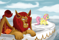 Size: 1300x900 | Tagged: safe, artist:cambalt, fluttershy, manny roar, manticore, g4, boat, life of pi, ocean, parody