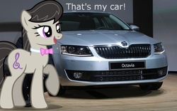 Size: 960x600 | Tagged: editor needed, safe, edit, octavia melody, earth pony, pony, g4, bowtie, car, female, mare, namesake, open mouth, ponies in real life, pun, skoda, skoda octavia, solo, that's my x