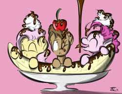 Size: 900x700 | Tagged: safe, artist:keentao, doctor whooves, fluttershy, pinkie pie, time turner, food pony, original species, g4, banana, banana split, cherry, chocolate, food, foodplay, messy, micro, ponies in food, whipped cream