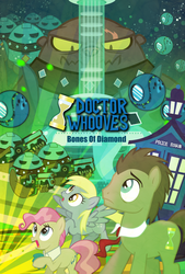 Size: 3508x5197 | Tagged: safe, artist:trotsworth, derpy hooves, doctor whooves, mayor mare, time turner, diamond dog, earth pony, pegasus, pony, g4, crossover, diamond dogified, doctor who, female, jabot, male, mare, necktie, pink mane, sontaran, species swap, stallion, tardis, the doctor