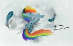 Size: 1811x1160 | Tagged: dead source, safe, artist:shadow-rainbow, rainbow dash, g4, eyes closed, feather, female, snow, snowfall, solo