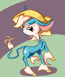 Size: 385x454 | Tagged: safe, artist:sb, oc, oc only, classical unicorn, billie, freckles, hat, horn, leonine tail, solo