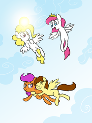 Size: 800x1067 | Tagged: safe, artist:willdrawforfood1, scootaloo, surprise, oc, oc:phoe, oc:veggie55, oc:vento, pegasus, pony, ask surprise, g1, g4, ask, blank flank, cloud, crown, female, flying, g1 to g4, generation leap, jewelry, male, mare, older, older scootaloo, regalia, sky background, stallion, sun