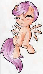 Size: 700x1195 | Tagged: safe, artist:warumono1989, scootaloo, pegasus, pony, g4, blushing, cute, cutealoo, eyes closed, female, filly, flapping, flapping wings, flying, foal, scootaloo can fly, simple background, solo, spread wings, traditional art, white background, wings