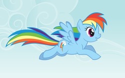 Size: 400x250 | Tagged: safe, rainbow dash, g4, cloud, cloudy, female, flying, solo, wallpaper