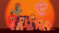 Size: 1191x670 | Tagged: safe, artist:holsternicholson, artist:kartine29, artist:tigerman002, applejack, fluttershy, pinkie pie, rainbow dash, rarity, twilight sparkle, g4, mane six, my little pony logo, my little pony: friendship is magic logo, sunset, wallpaper