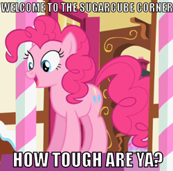 Size: 598x592 | Tagged: safe, pinkie pie, g4, adventure in the comments, image macro, no weenies allowed, spongebob squarepants, sugarcube corner