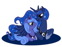 Size: 700x531 | Tagged: safe, artist:s-c-fowlie, princess luna, g4, s1 luna, self adoption, self ponidox, the fun has been doubled, the woona has been doubled, time paradox, winghug