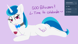 Size: 1920x1080 | Tagged: safe, artist:verminshy, dj pon-3, vinyl scratch, ask classical vinyl, g4, alternate hairstyle, bedroom eyes, female, prone, solo, swapped cutie marks, tumblr, wine