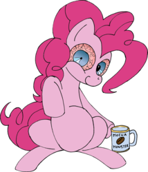 Size: 2371x2764 | Tagged: safe, artist:dimvitrarius, artist:varmus, pinkie pie, earth pony, pony, g4, bloodshot eyes, coffee, female, pinkie found the coffee, simple background, solo, transparent background, xk-class end-of-the-world scenario