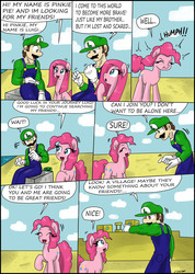 Size: 2492x3506 | Tagged: safe, artist:ciriliko, pinkie pie, g4, comic, creeper, crossover, luigi, male, nintendo, pinkamena diane pie, super mario bros.