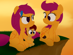 Size: 1280x960 | Tagged: safe, artist:dtcx97, scootaloo, oc, oc:lightning blitz, pegasus, pony, post-crusade, g4, baby, baby pony, colt, female, foal, male, mother and son, motherly scootaloo, offspring, parent:rain catcher, parent:scootaloo, parents:catcherloo, pregnant scootaloo, self paradox, self ponidox