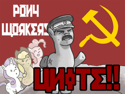 Size: 1000x750 | Tagged: artist needed, safe, applejack, pinkie pie, rarity, g4, communism, fake cyrillic, hammer and sickle, hat, josef stalin, ponified, russian