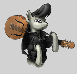 Size: 889x855 | Tagged: safe, artist:dvorgaz, octavia melody, earth pony, pony, g4, clothes, female, gray background, guitar, leather jacket, mare, musical instrument, pompadour, rock (music), rocktavia, simple background, solo