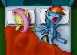 Size: 3200x2300 | Tagged: safe, artist:shinodage, fluttershy, rainbow dash, g4, bed, drool, sleeping, snoring