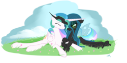 Size: 3000x1500 | Tagged: safe, artist:russiankolz, princess celestia, queen chrysalis, alicorn, changeling, changeling queen, pony, g4, bedroom eyes, cuddling, eyes closed, female, grass, horn, horns are touching, lesbian, missing accessory, prone, ship:chryslestia, shipping, simple background, smiling, snuggling, transparent background