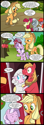 Size: 713x2000 | Tagged: safe, artist:madmax, edit, apple bloom, applejack, big macintosh, diamond tiara, silver spoon, twist, earth pony, pony, sheep, g4, butt, comic, female, filly, foal, implied kissing, interspecies, kiss mark, lipstick, love, male, mare, plot, spanish, stallion, translation