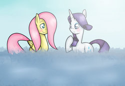 Size: 1024x702 | Tagged: safe, artist:sarath-15, fluttershy, rarity, g4, blushing, female, lesbian, ship:flarity, shipping