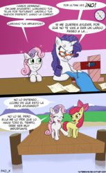 Size: 1024x1673 | Tagged: safe, artist:naterrang, apple bloom, rarity, sweetie belle, g4, comic, glasses, sewing, spanish, translation