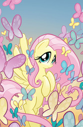 Size: 527x800 | Tagged: safe, artist:tony fleecs, idw, fluttershy, butterfly, g4, micro-series #4, my little pony micro-series, comic, cover, cute, shyabetes, solo