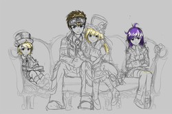 Size: 1000x666 | Tagged: safe, artist:saturnspace, amethyst star, derpy hooves, dinky hooves, doctor whooves, sparkler, time turner, human, g4, clockpunk, couch, female, humanized, male, ship:doctorderpy, shipping, sketch, straight, wip