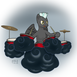 Size: 1000x1000 | Tagged: safe, artist:phallen1, thunderlane, pegasus, pony, g4, cloud, drums, male, musical instrument, solo, stallion, sweat