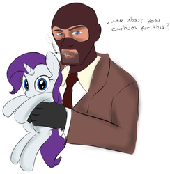 Size: 996x1019 | Tagged: artist needed, safe, rarity, human, pony, unicorn, g4, balaclava, cigarette, clothes, crossover, dialogue, filly, holding, holding a pony, looking at you, necktie, simple background, smoking, spy, spy (tf2), suit, team fortress 2, trade, white background