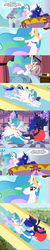 Size: 750x3734 | Tagged: safe, artist:stonebolt, princess celestia, princess luna, g4, balloon, bed, canterlot, clock, comic, happy, party, sisters, sleep mask, sleeping, slide, space hopper, spanish, translation, vector, water slide