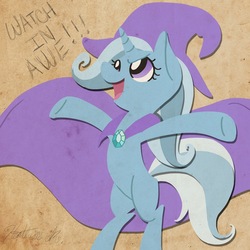 Size: 900x900 | Tagged: safe, artist:random-gal, trixie, pony, g4, bipedal, cape, clothes, female, hat, solo, trixie's cape, trixie's hat