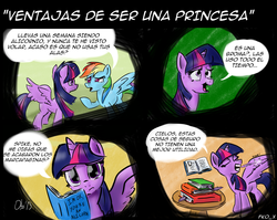 Size: 2546x2027 | Tagged: safe, artist:obsequiosity, rainbow dash, twilight sparkle, alicorn, pony, g4, book, comic, female, mare, spanish, translation, twilight sparkle (alicorn)