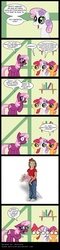 Size: 600x2489 | Tagged: safe, artist:niban-destikim, apple bloom, cheerilee, scootaloo, sweetie belle, human, g4, comic, cutie mark crusaders, krusty love, spanish, spongebob squarepants, translation