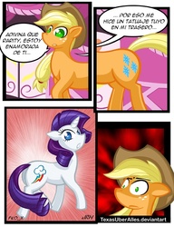 Size: 609x792 | Tagged: safe, artist:texasuberalles, applejack, rarity, earth pony, pony, unicorn, g4, magical mystery cure, butt, comic, cutie mark, female, lesbian, looking back, plot, ship:rarijack, shipping, spanish, swapped cutie marks, translation