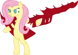 Size: 1280x914 | Tagged: safe, artist:imustenteranurl, fluttershy, pony, g4, bipedal, crossover, monster hunter, shield, sword, weapon
