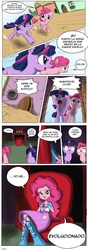 Size: 1240x3508 | Tagged: safe, artist:doublewbrothers, pinkie pie, twilight sparkle, equestria girls, g4, clone, comic, dialogue, funny, spanish, translation