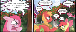 Size: 1194x508 | Tagged: safe, artist:supersheep64, apple bloom, big macintosh, pinkie pie, earth pony, pony, g4, chair, coffee, comic, farm, male, pinkamena diane pie, spanish, stallion, swapped cutie marks, sweet apple acres, translation