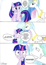 Size: 1024x1436 | Tagged: safe, artist:tinyotaku99, princess celestia, twilight sparkle, g4, spanish, translation