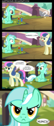 Size: 2000x4672 | Tagged: safe, artist:austiniousi, bon bon, lyra heartstrings, sweetie drops, g4, comic, spanish, translation