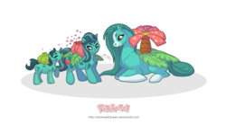 Size: 1024x565 | Tagged: safe, artist:almairis, bulbasaur, ivysaur, plant pony, venusaur, blaze (coat marking), coat markings, evolution chart, facial markings, female, filly, flower, flower pony, foal, mare, mother and daughter, pokémon, ponified, ponymon, simple background, socks (coat markings), transparent background, trio