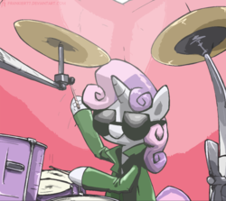Size: 800x713 | Tagged: safe, artist:frankier77, sweetie belle, pony, g4, bipedal, clothes, drums, female, musical instrument, solo, sunglasses