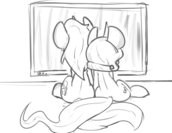 Size: 3300x2550 | Tagged: safe, artist:leadhooves, oc, oc only, oc:kneaded rubber, oc:succy, grayscale, monochrome, snuggling, television