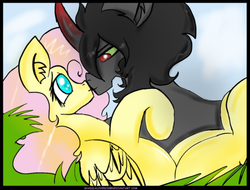 Size: 500x379 | Tagged: safe, artist:sombrashyshady, fluttershy, king sombra, g4, bedroom eyes, boop, cute, eye contact, female, male, noseboop, nuzzling, on back, ship:sombrashy, shipping, smiling, sombrashyshady, straight, thesombrashyshady