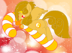 Size: 805x600 | Tagged: safe, artist:princess amity, oc, oc only, alicorn, pony, alicorn oc, blushing, bow, candy cane, clothes, cutie mark, socks, yin-yang